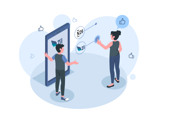 Isometric Illustration of Two People Looking at a Mobile Phone, Creating a Business Bank Account with an N26 Alternative