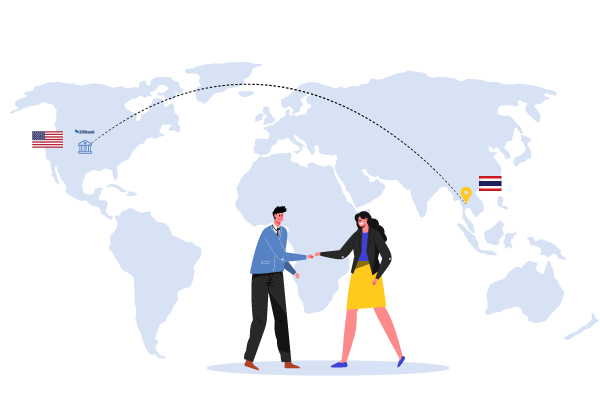Two People Shaking Hands in Front of a World Map, Symbolizing Thailand to US Payments