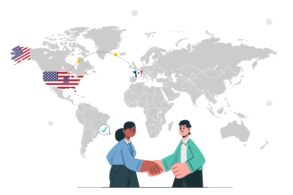 Two People Shaking Hands in Front of a World Map, Symbolizing US Payments in Finance.