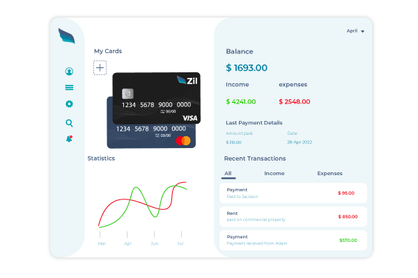 A Screen Displays a Graph, with "Customize Debit Card" for a Personalized Design.