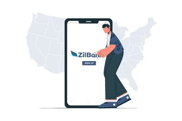 A Man Is Standing Next to a Phone with a Map on It, While Also Discussing ZilBank Online Checking Account.