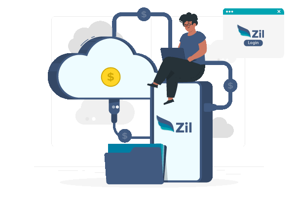 A Person Sitting on Top of a Mobile Showing Cloud Bank with the Word 'ZilBank' on It
